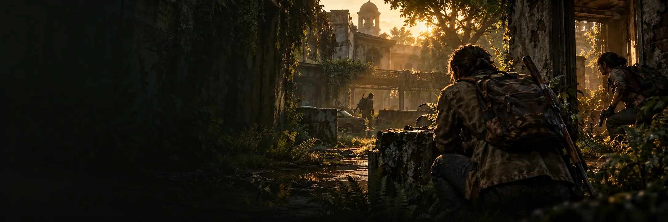 Survivors taking cover in an overgrown city courtyard